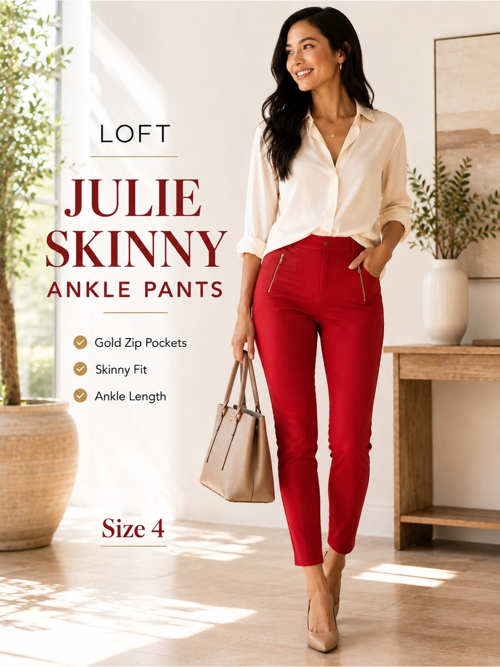 LOFT Julie Skinny Ankle Pants Red Gold Zip Stretch Career Size 4